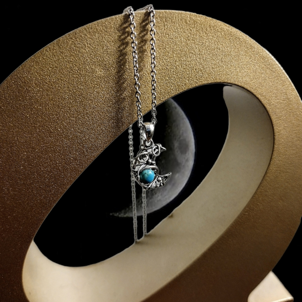925 Sterling Silver Filigree Baby Blue Half Moon Pendant
